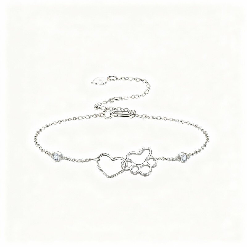 Pulseira com pendente de pata e coração em ouro branco 10K e zircónias cúbicas-4