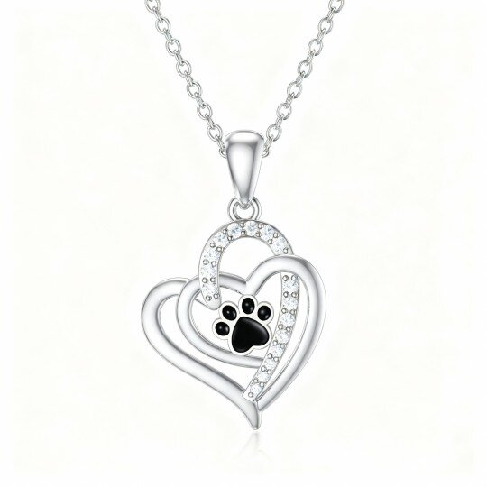 Colar com pendente de pata e coração em ouro branco 10K com zircónias cúbicas