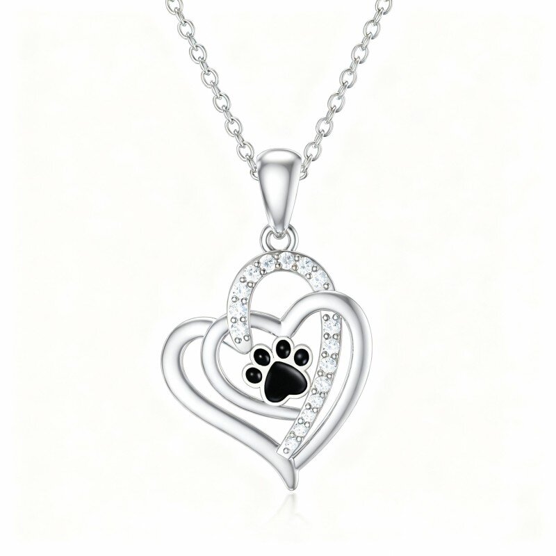 Colar com pendente de pata e coração em ouro branco 10K com zircónias cúbicas-14