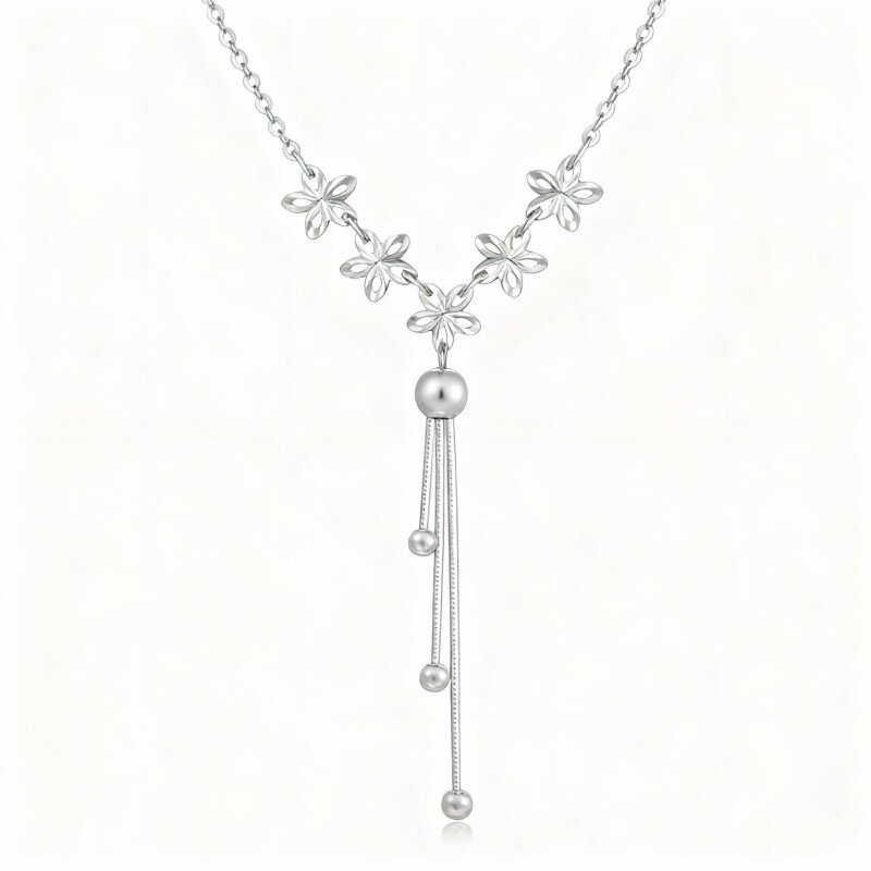 10K White Gold Peach Blossom & Bead Pendant Necklace-10