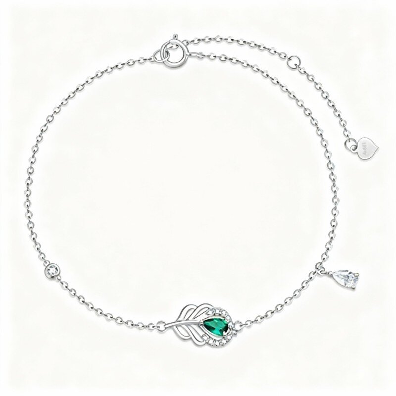 10K White Gold Cubic Zirconia Peacock & Feather Charm Bracelet-13