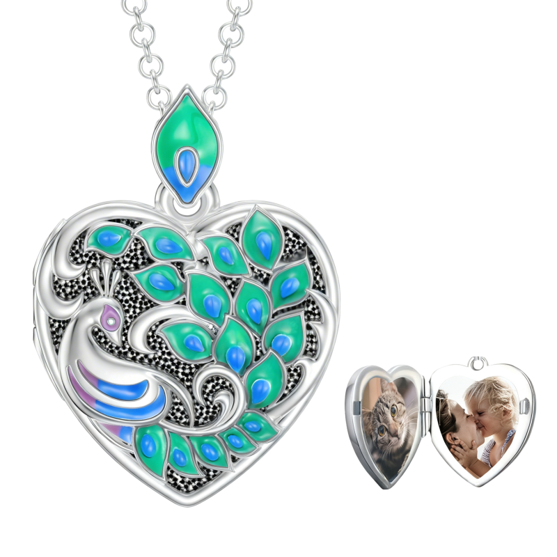 Collar con medallón fotográfico personalizado de platino con pavo real chapado en oro blanco y foto personalizada y corazón.-17