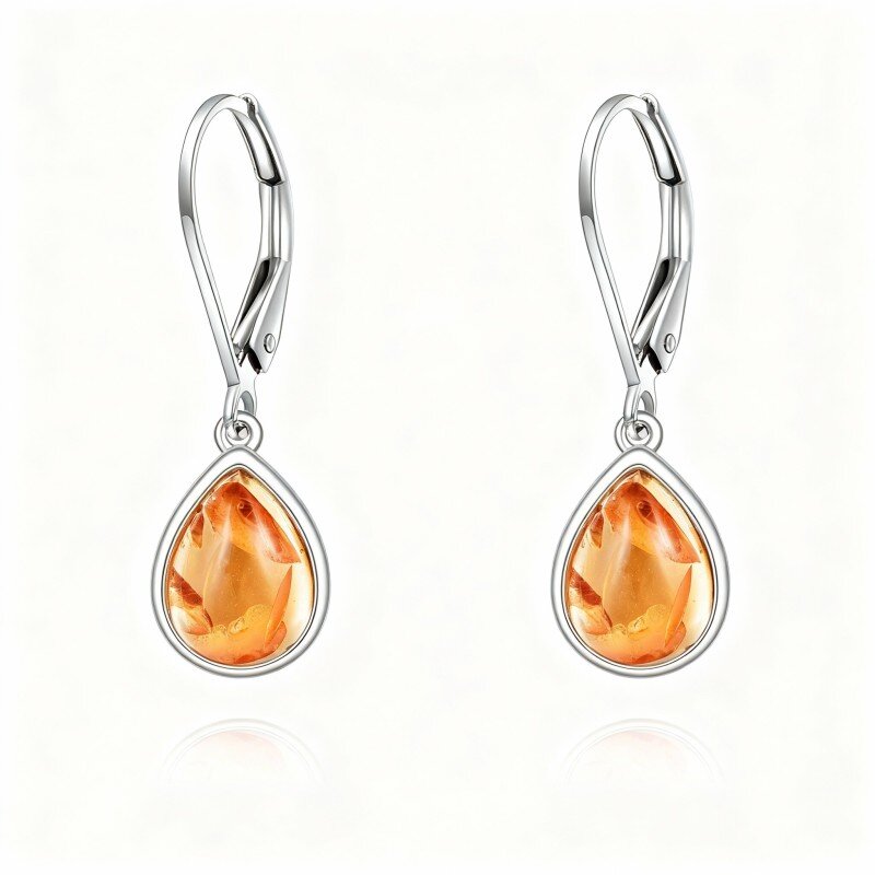 10K White Gold Pear Cut Amber Drop Shape Lever-back Earrings-15