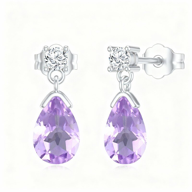 10K White Gold Pear Cut Amethyst Drop Shape Drop Earrings-1
