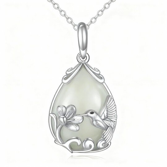 10K White Gold Pear Cut Chalcedony Hummingbird & Drop Shape Pendant Necklace
