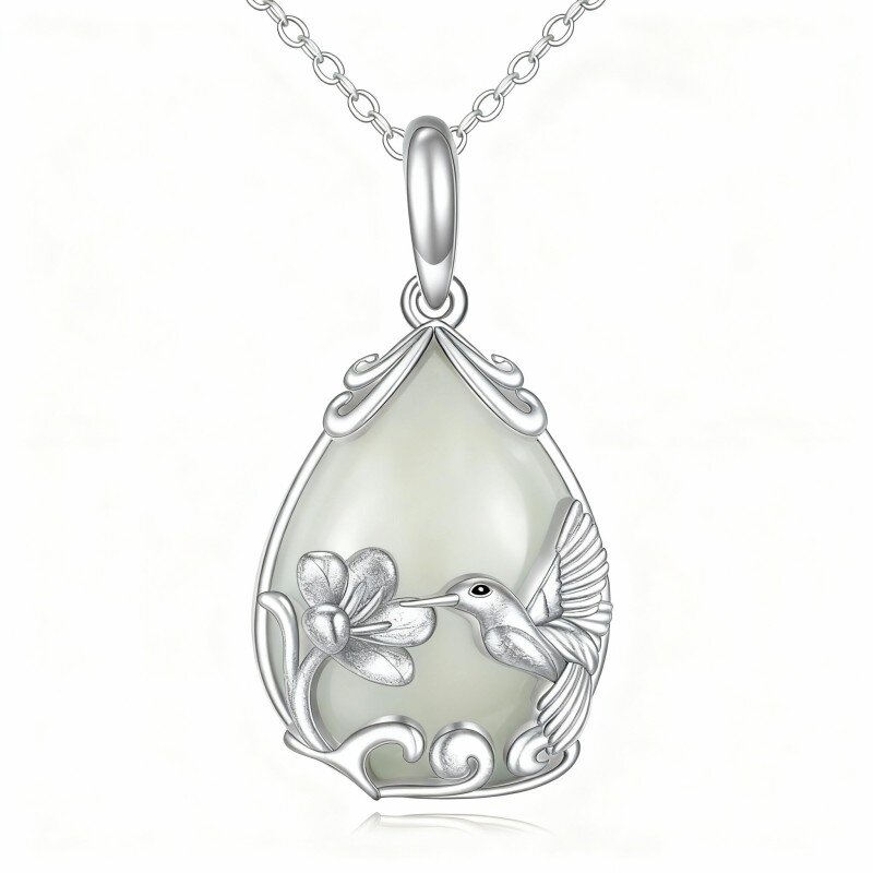 10K White Gold Pear Cut Chalcedony Hummingbird & Drop Shape Pendant Necklace-19