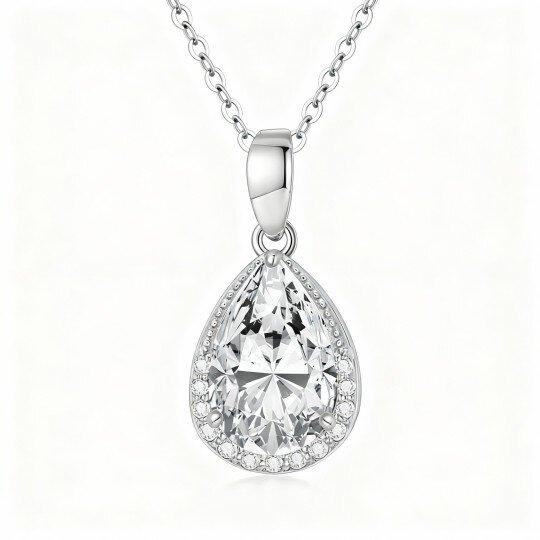 10K White Gold Pear Cut Cubic Zirconia & Diamond Drop Shape Pendant Necklace