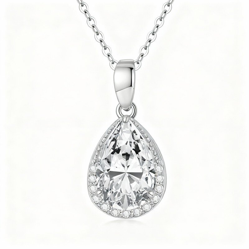 Collier pendentif en or blanc 10 carats avec zircon cubique taille poire et diamants-8