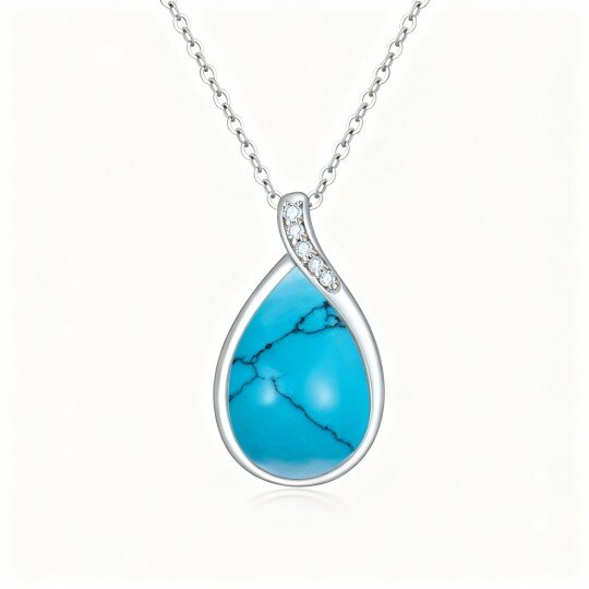 10K White Gold Pear Cut Diamond & Turquoise Drop Shape Pendant Necklace