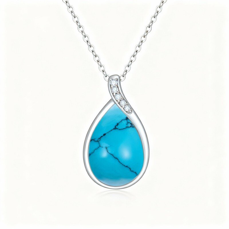 10K White Gold Pear Cut Diamond & Turquoise Drop Shape Pendant Necklace-20