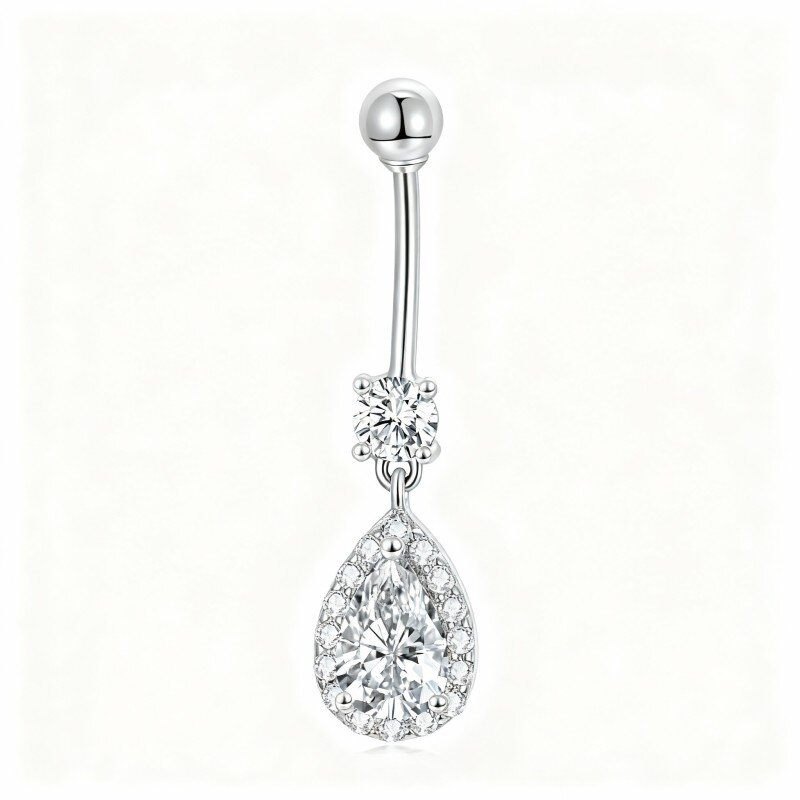 10K White Gold Pear Cut Cubic Zirconia Drop Shape Belly Button Ring-17