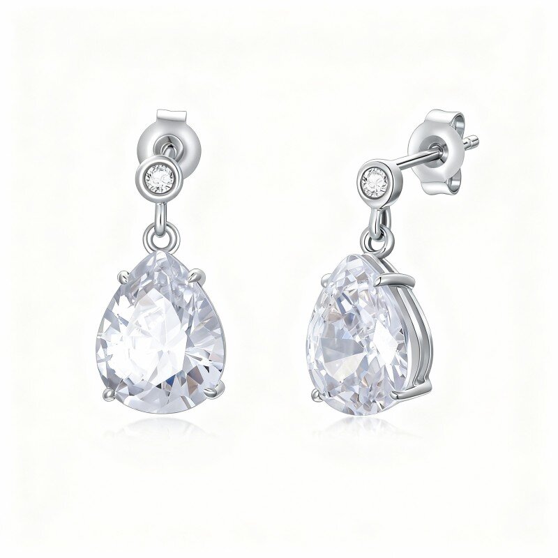 10K White Gold Pear Cut Cubic Zirconia Drop Shape Drop Earrings-6