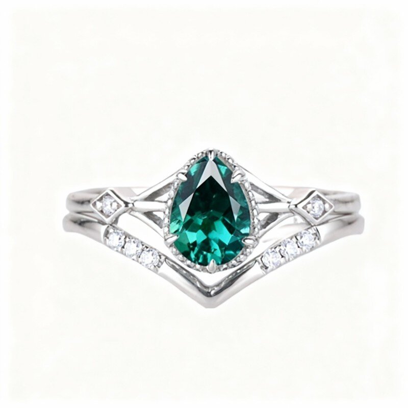 10K White Gold Pear Cut Emerald Personalized Engraving & Couple Engagement Ring-1