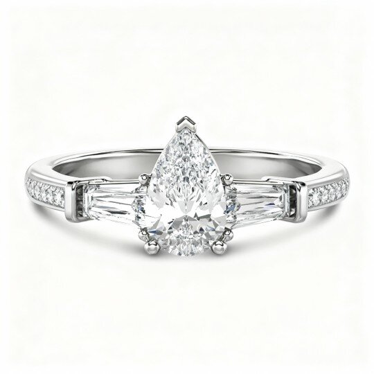 Anel de Noivado em Ouro Branco 9K com Diamante em Forma de Pêra