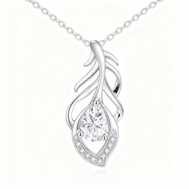 10K White Gold Pear Cut Cubic Zirconia Feather Pendant Necklace-9