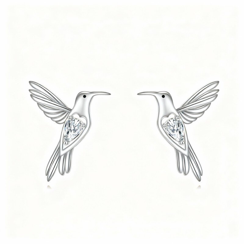 10K White Gold Pear Cut Cubic Zirconia Hummingbird Stud Earrings-12