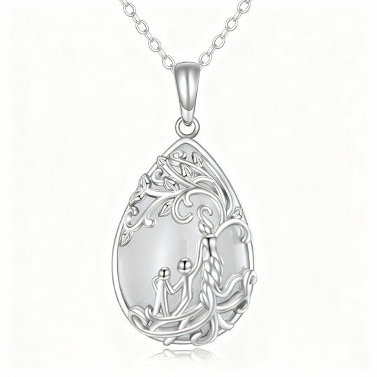 Collana con ciondolo in oro bianco 10K con giada taglio a pera e albero della vita e madre