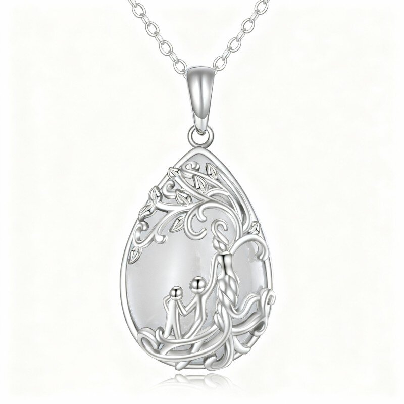 Colar com pendente de árvore da vida e mãe em jade lapidado a pera e ouro branco 10K-4