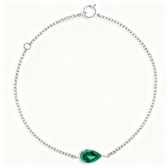 10K White Gold Pear Cut Lab Created Emerald Couple Curb Chain Bracelet