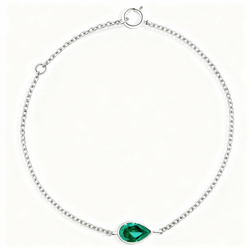 10K White Gold Pear Cut Lab Created Emerald Couple Curb Chain Bracelet-2