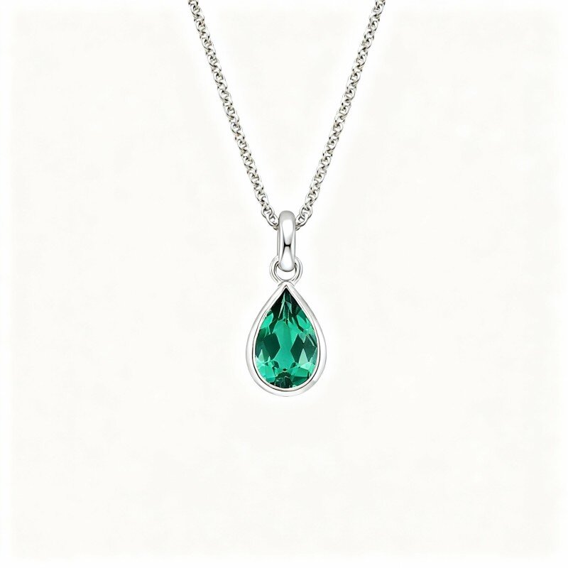 Colar com pendente de pais e filhos em ouro branco 10K com esmeralda sintética em corte pera-1