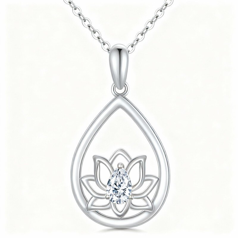 Colar com pendente de lótus, avó, mãe e irmãs em ouro branco 10K com zircónias cúbicas em forma de pera-10