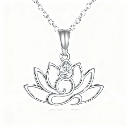 Halskette aus 10-karätigem Weißgold mit birnenförmigem Zirkonia-Anhänger in Form einer Lotusblume sowie Anhängern für Großmutter, Mutter, Schwestern und Lehrerin.