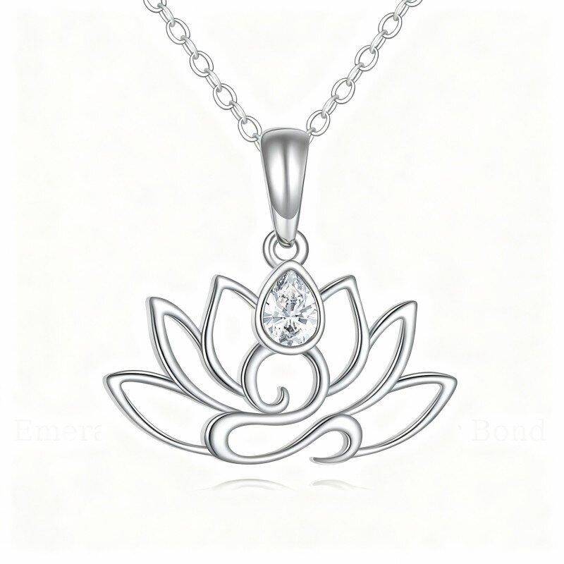 Colar com pendente de lótus em ouro branco 10K com zircónias cúbicas em forma de pera representando a avó, a mãe, as irmãs e a professora.-8