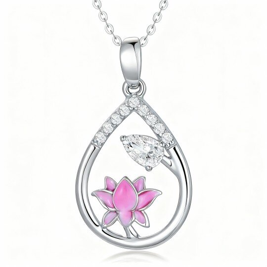 10K White Gold Pear Cut Cubic Zirconia Lotus Pendant Necklace