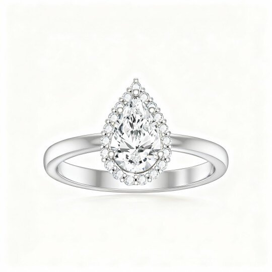 Anel de Noivado em Ouro Branco 10K com Moissanita em Forma de Gota e Corte de Pêra