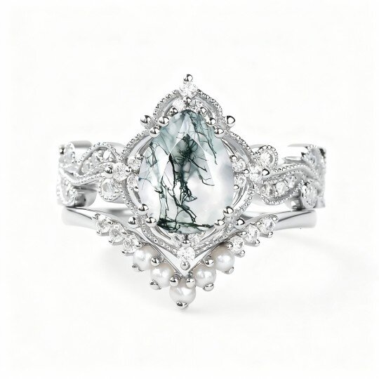 Anillo apilable de oro blanco de 14 quilates con moissanita talla pera, ágata musgosa y perla