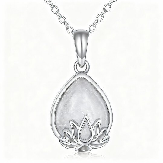 Colar com pendente de lótus em ouro branco de 10 quilates com pedra da lua em forma de pera