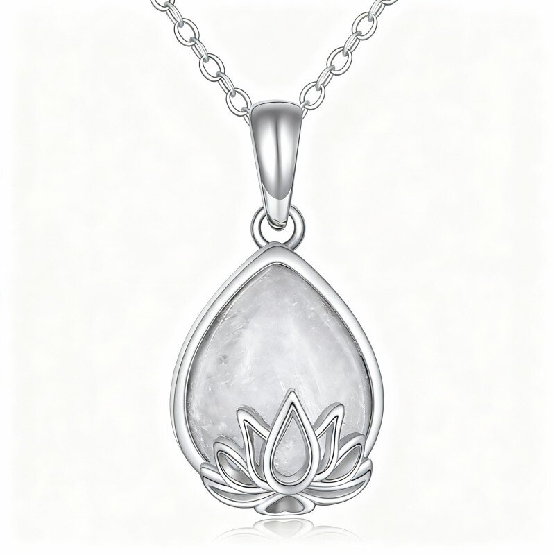 Colar com pendente de lótus em ouro branco de 10 quilates com pedra da lua em forma de pera-14