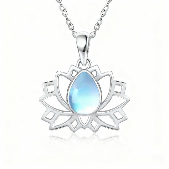 Colar com pendente de lótus em ouro branco de 10 quilates com pedra da lua em forma de pera