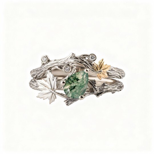 10Kホワイトゴールド ペアカット モスアゲート 結婚指輪