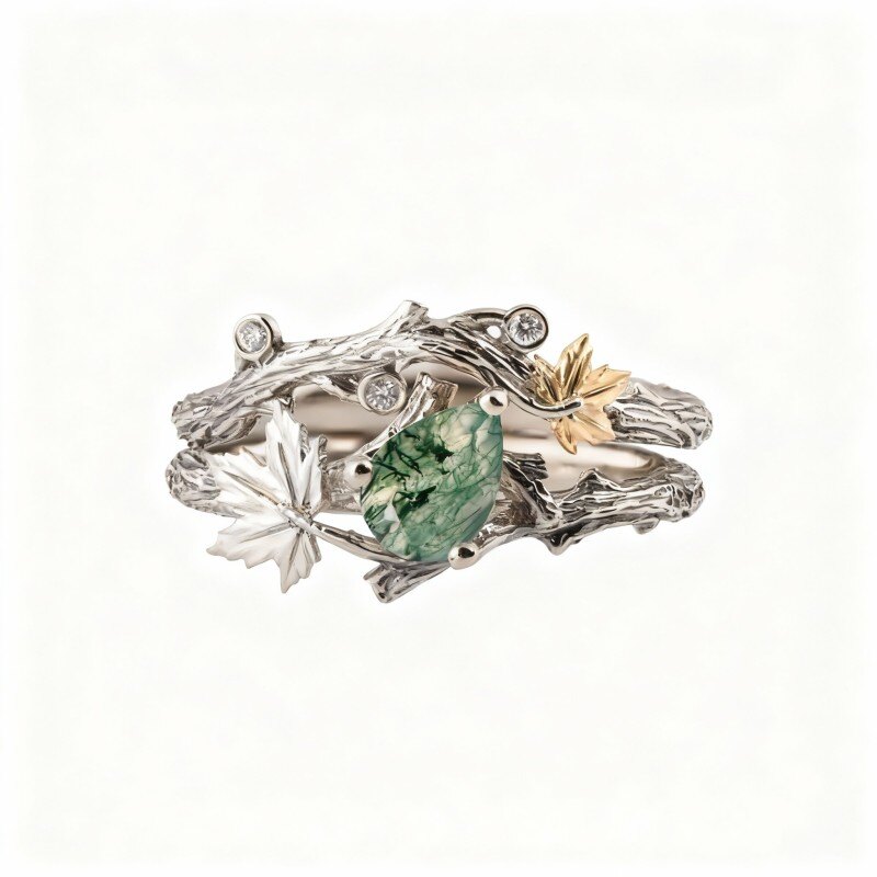 Bague de mariage en or blanc 10 carats et agate mousse taille poire-1