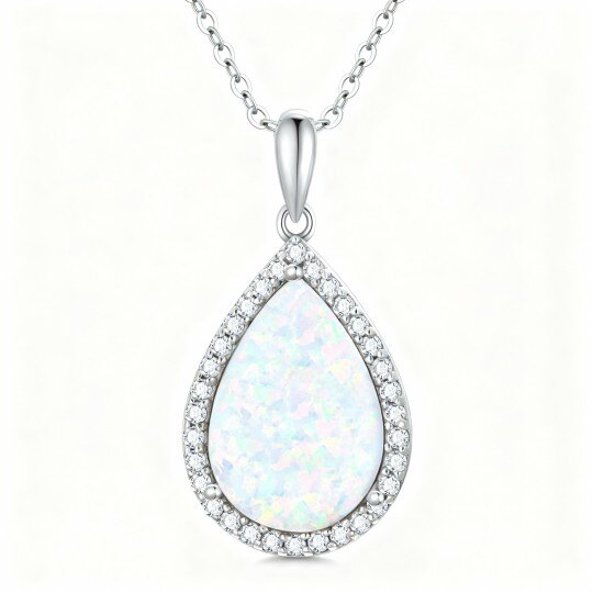 Colar com pendente em forma de gota, cravejado com zircónias cúbicas em corte pera e opalas, em ouro branco de 10K.