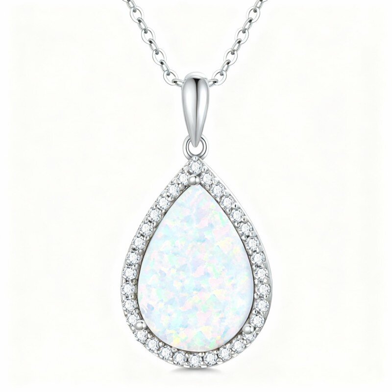 Colar com pendente em forma de gota, cravejado com zircónias cúbicas em corte pera e opalas, em ouro branco de 10K.-15