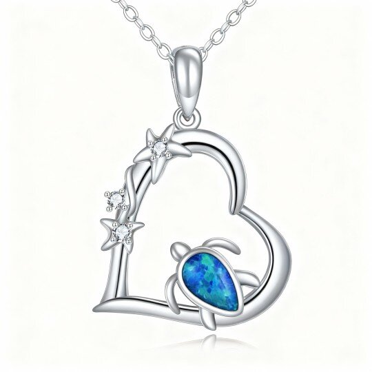 10K White Gold Pear Cut Cubic Zirconia & Opal Sea Turtle & Heart Pendant Necklace