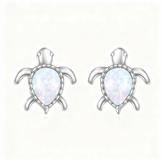 10K White Gold Pear Cut Opal Sea Turtle Stud Earrings