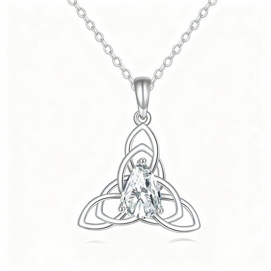 Colar com pendente personalizado de pedra de nascimento e nó celta em ouro branco de 10 quilates com zircónias cúbicas em forma de pera.