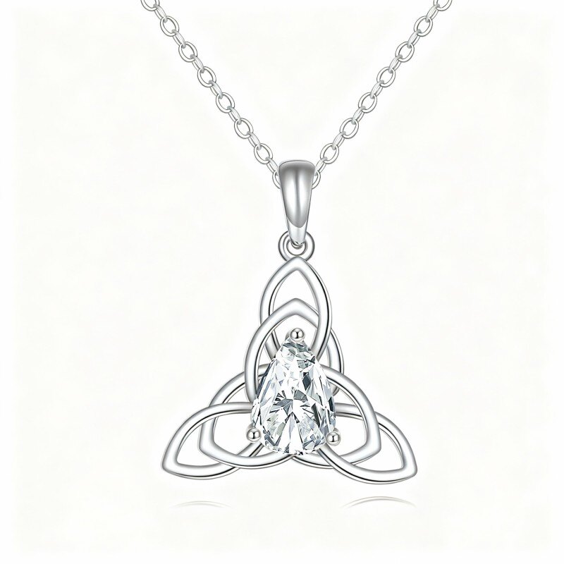 Personalisierte Halskette aus 18-karätigem Weißgold mit birnenförmigem Zirkonia, Geburtsstein und keltischem Knoten-1