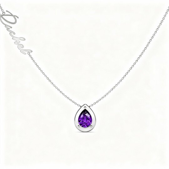 Collar con colgante personalizado de oro blanco de 10 quilates con circonita cúbica talla pera, piedra natal, nombre clásico y dedicatoria a madre y hermanas.