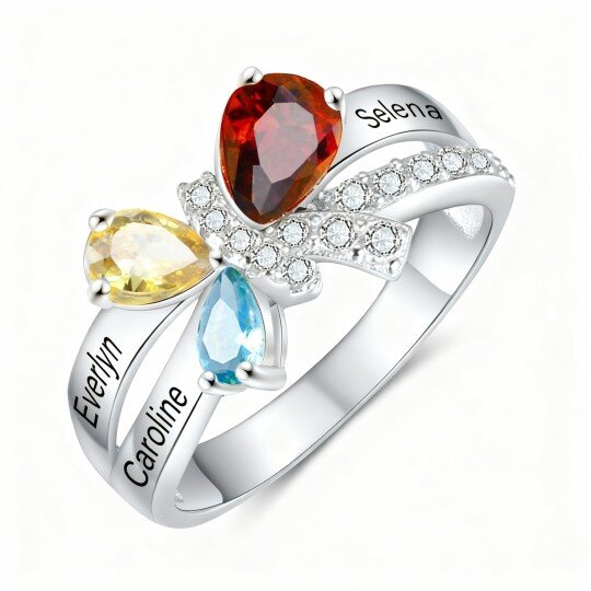 10K White Gold Pear Cut Cubic Zirconia & Personalized Birthstone Custom Ring