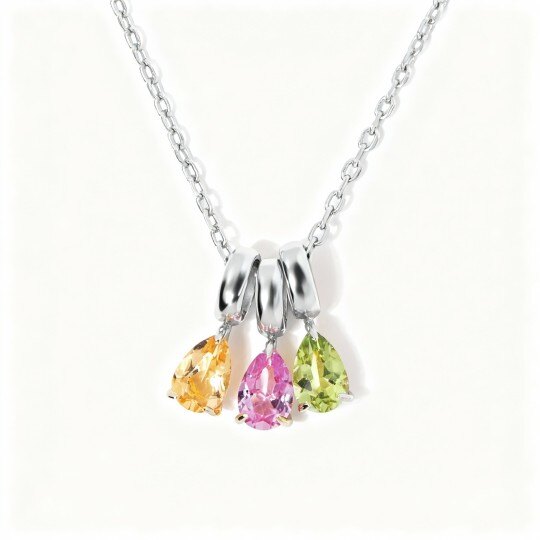 Collar con colgante personalizado de oro blanco de 10 quilates con circonita cúbica talla pera, piedra natal y para madre y hermanas