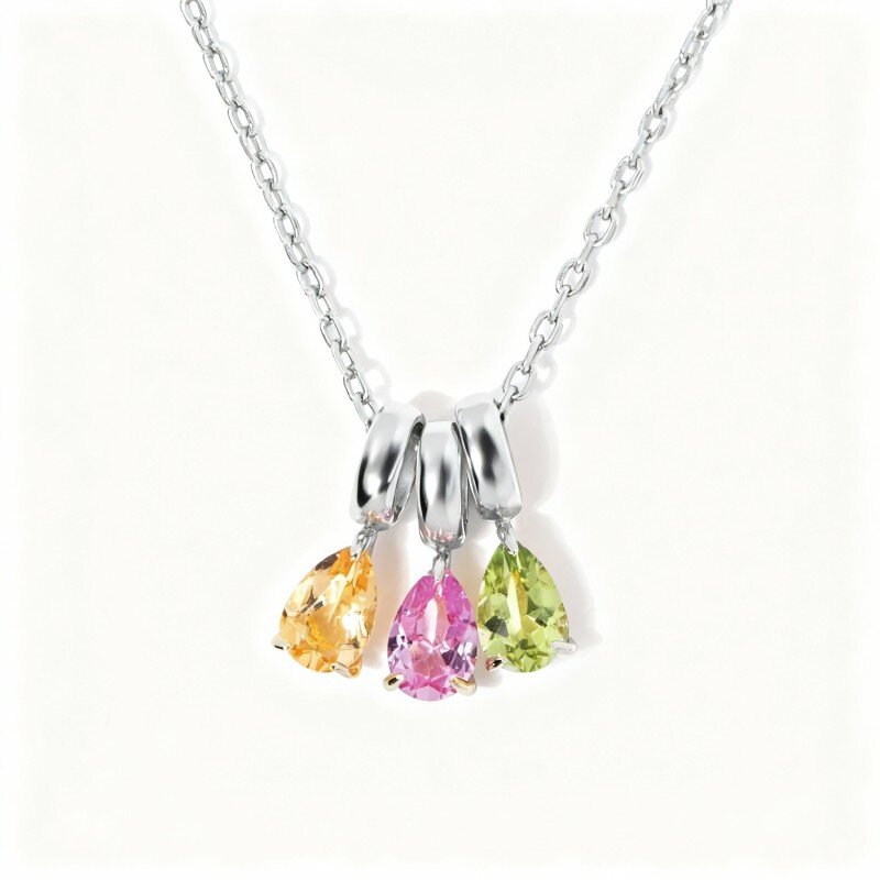 Personalisierte Halskette aus 14-karätigem Weißgold mit birnenförmigem Zirkonia, Geburtsstein und Anhänger für Mutter und Schwestern-1