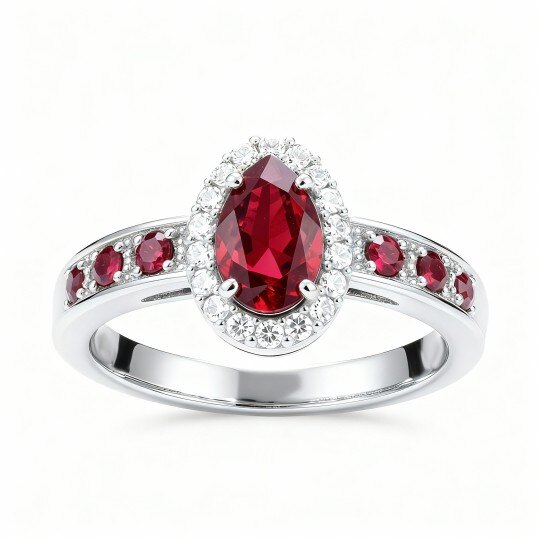 Anillo de compromiso de oro blanco de 10 quilates con rubí talla pera