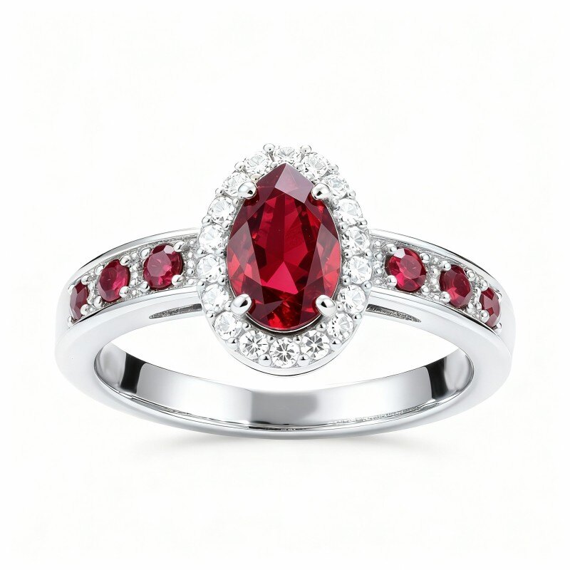 Pierścionek zaręczynowy z 18-karatowego białego złota z rubinem w szlifie gruszkowym-1