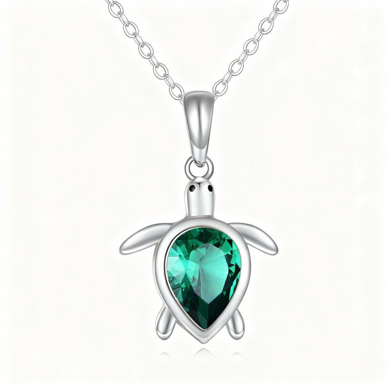 10K White Gold Pear Cut Cubic Zirconia Sea Turtle Pendant Necklace-6