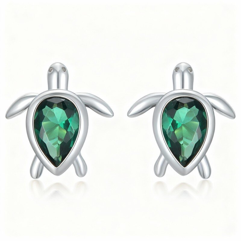 Brincos tartaruga marinha em ouro branco 14K com zircónias cúbicas em forma de pera.-1